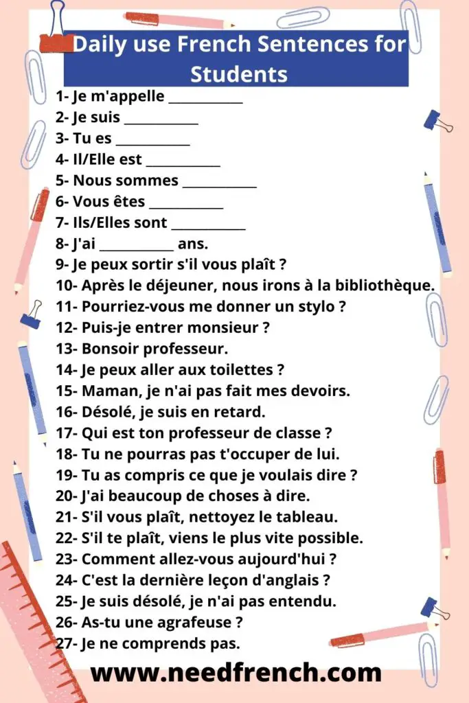 Daily use French Sentences for Students