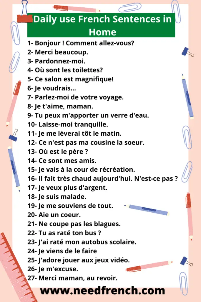 Daily use French Sentences in Home