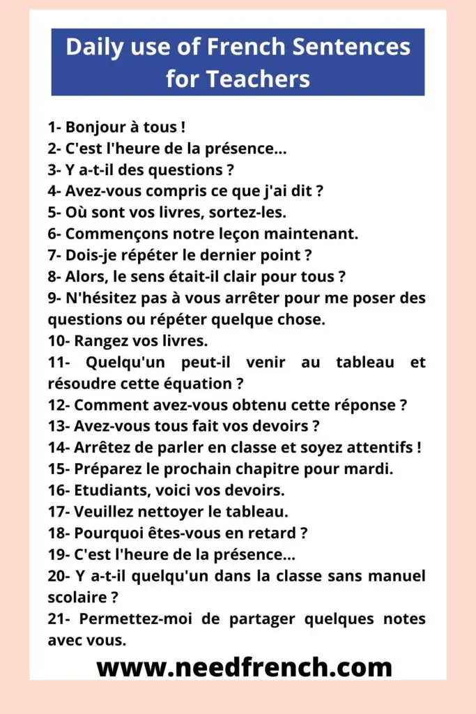 Daily use of French Sentences for Teachers