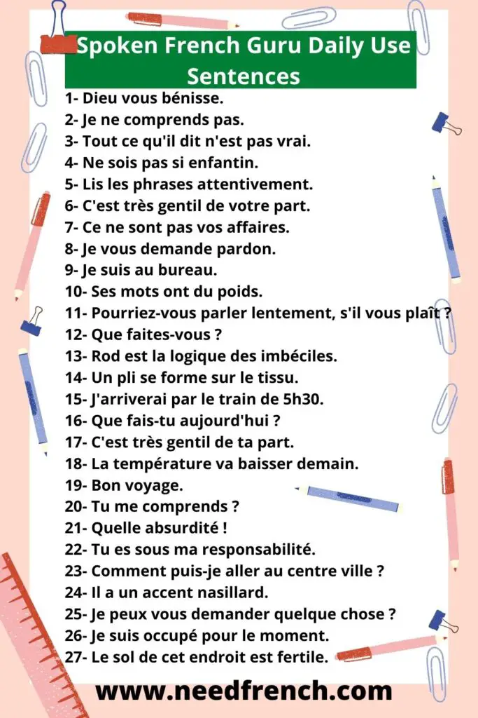 Spoken French Guru Daily Use Sentences